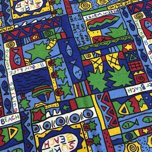 Vintage cotton fabric, 90s, 60”x18” blue multicolor beach surf Ocean Kids Craft